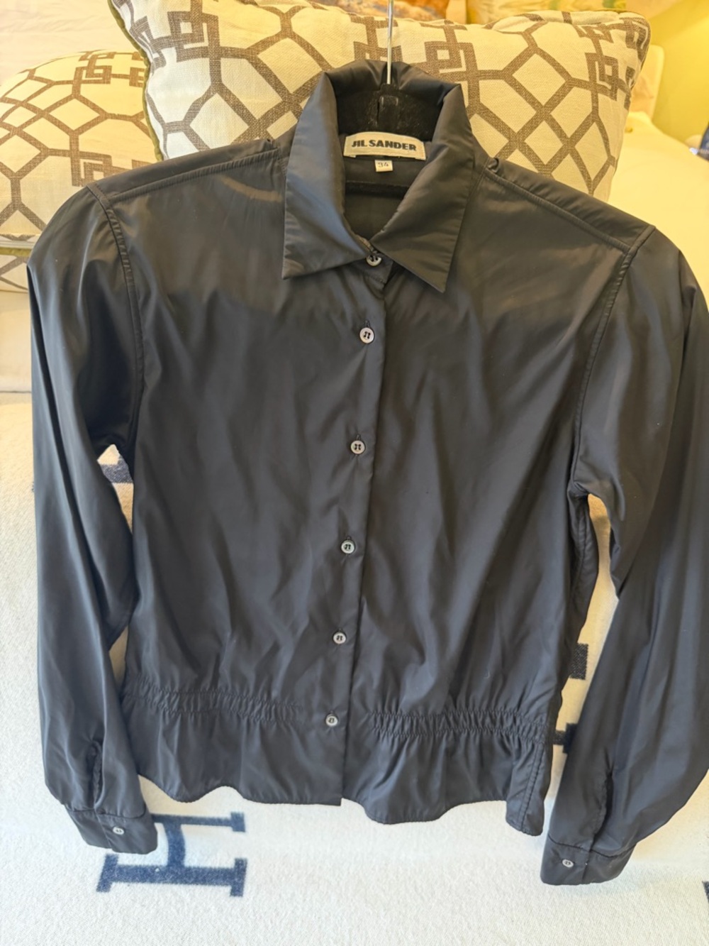 Jil Sander Black Button-Front Collared Nylon Blouse Gathered Waist - Picture 5 of 8